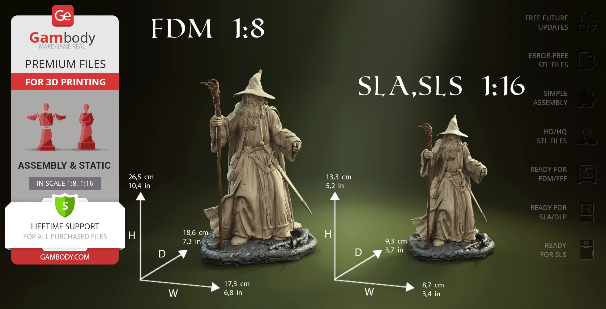 3D model of a bearded wizard with a staff, wearing a hat and robe, designed for 3D printing.
