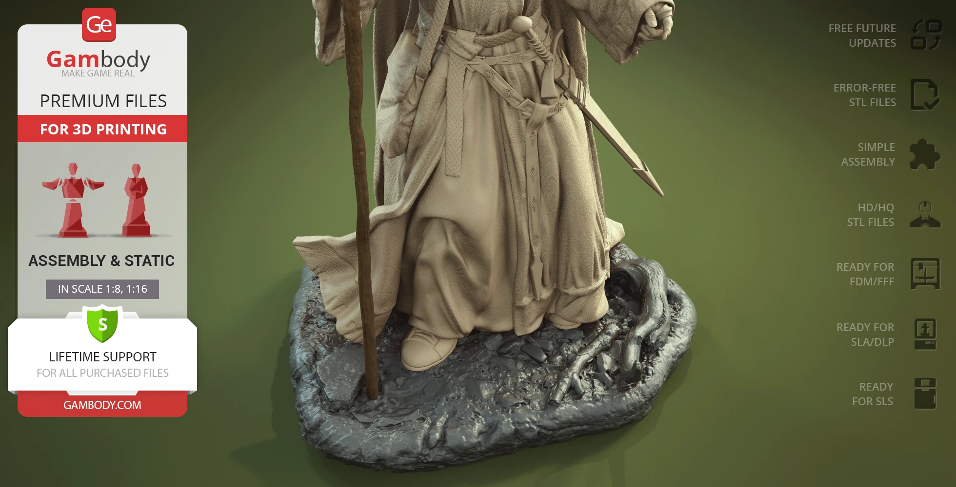 3D model of a robed figure with a staff, standing on a rocky base, ready for printing.