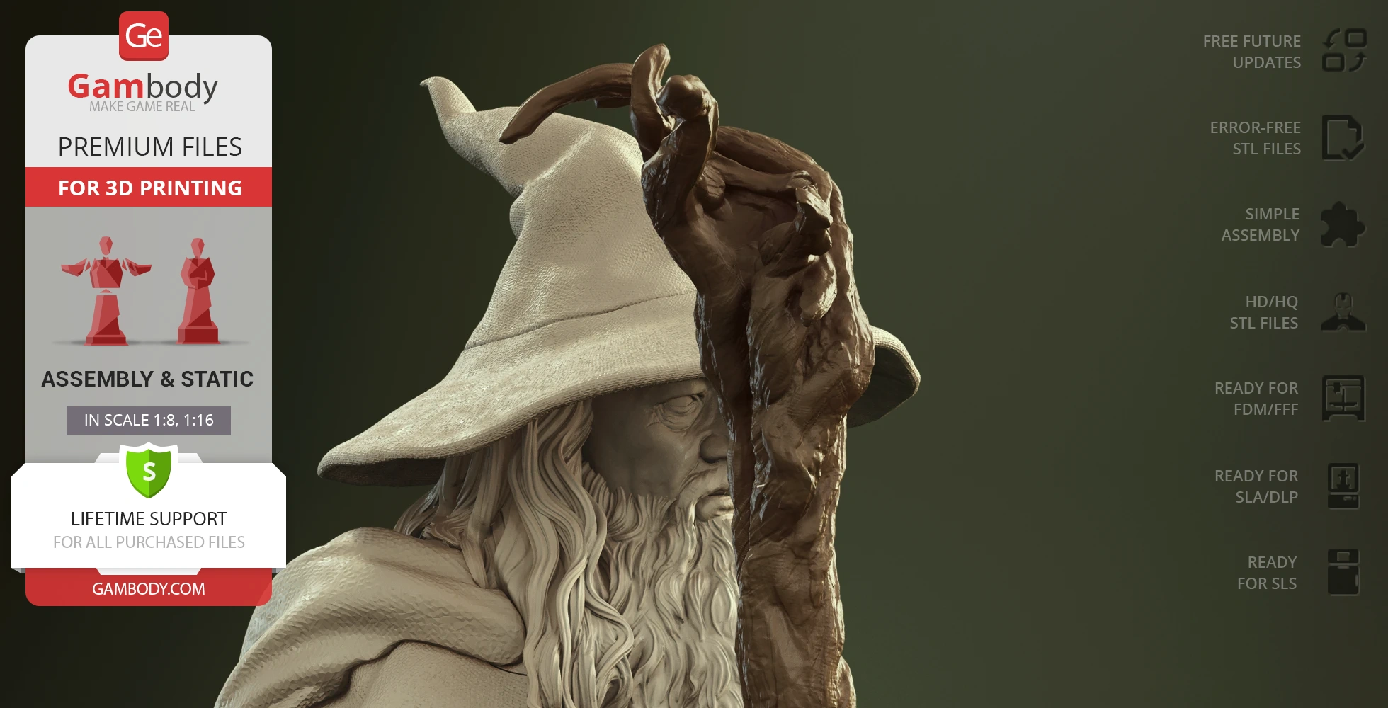 A detailed 3D model of a wizard with a hat and staff, designed for 3D printing.