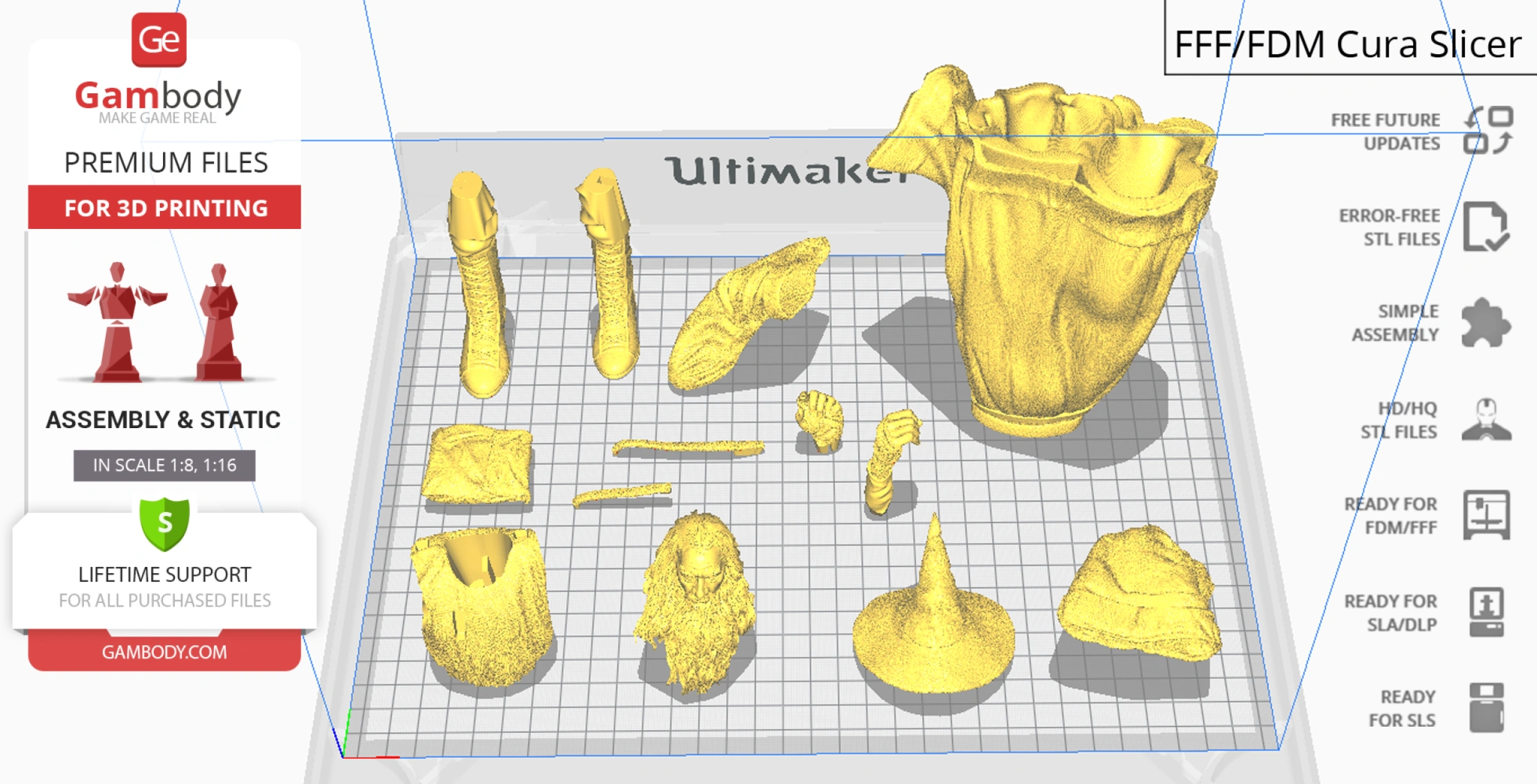 3D print parts of a wizard figure, including clothing, hat, boots, and staff, arranged on a grid.