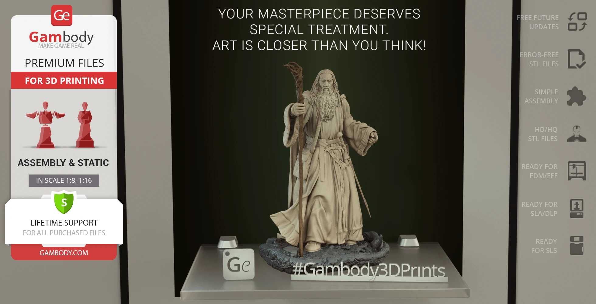 3D model of a robed wizard holding a staff, designed for 3D printing by Gambody.