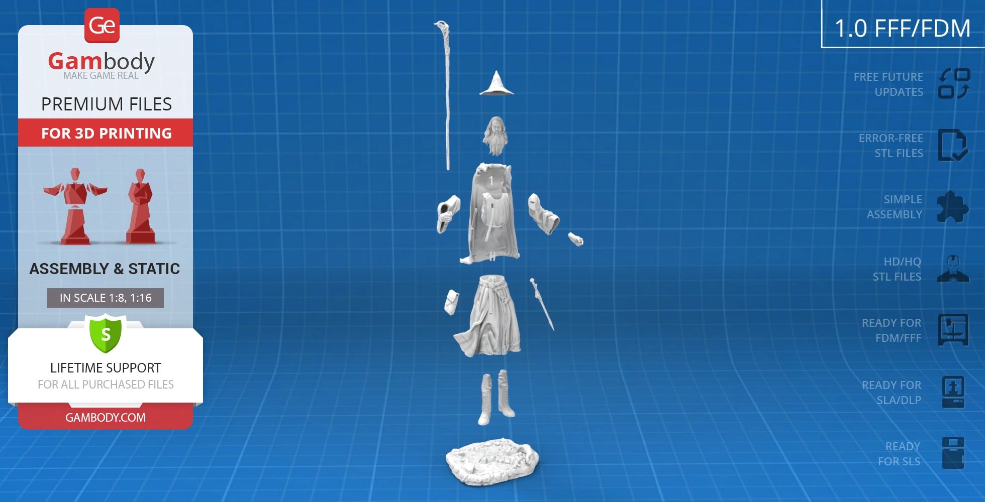 3D model of Gandalf the Grey disassembled into parts for printing, against a blue grid background.