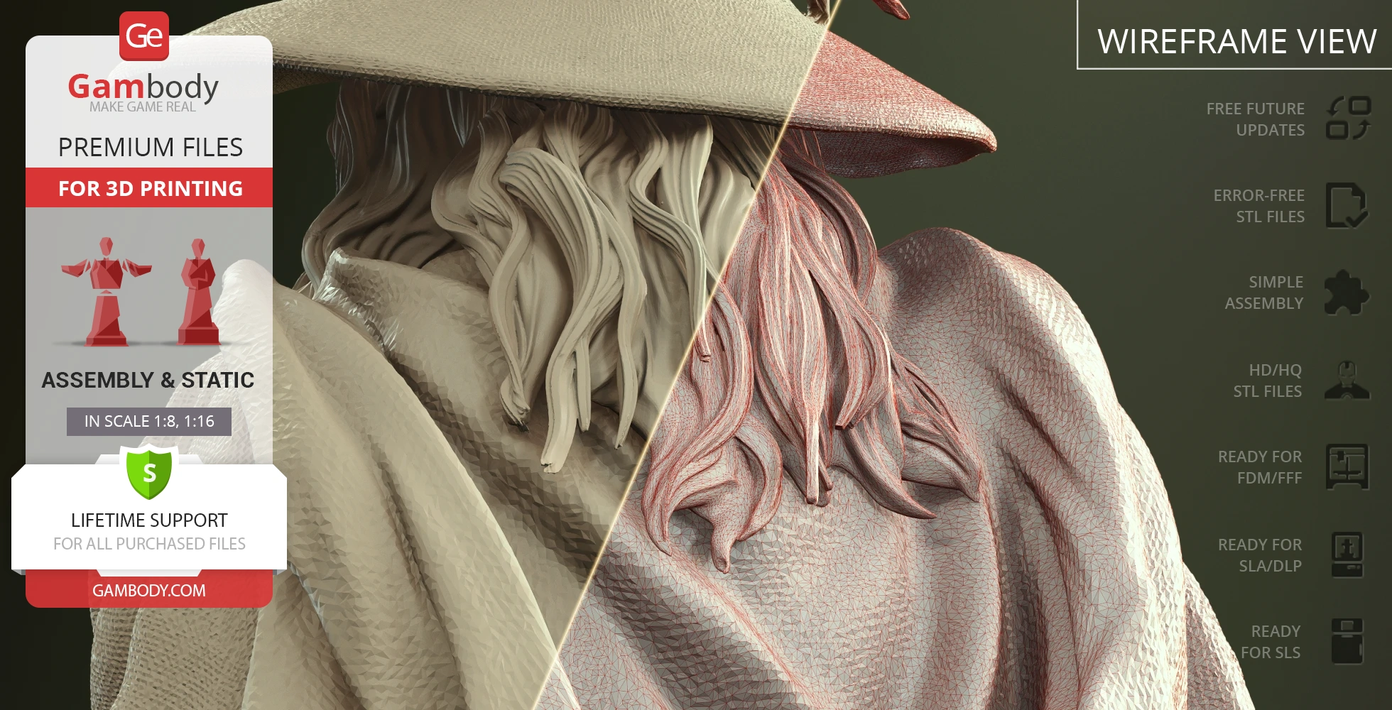 A detailed 3D model of a robed figure with long hair, shown in a textured and wireframe view for printing.