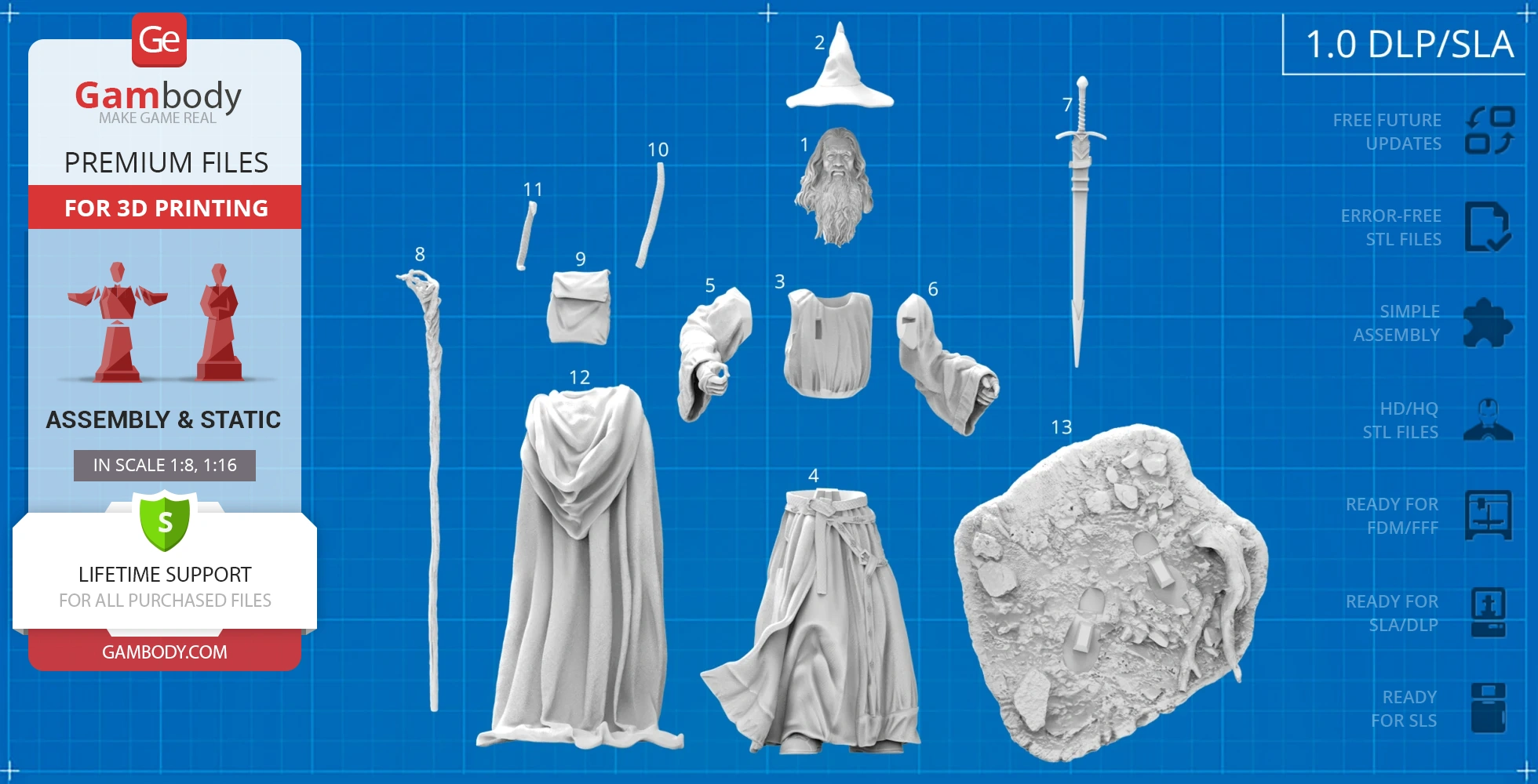 3D printable Gandalf the Grey model parts, including head, hat, robe, staff, sword, and terrain base.