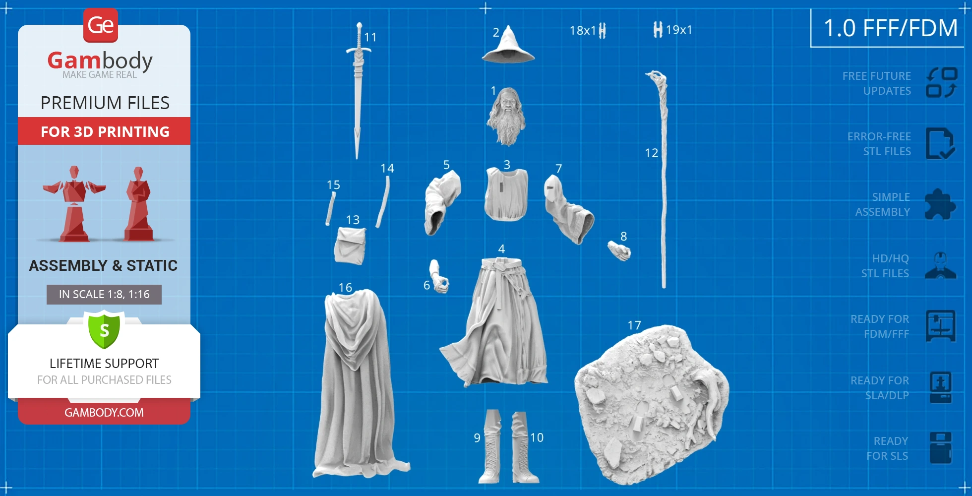 3D printable parts of a wizard including hat, staff, cloak, boots, and base, arranged on a blueprint background.