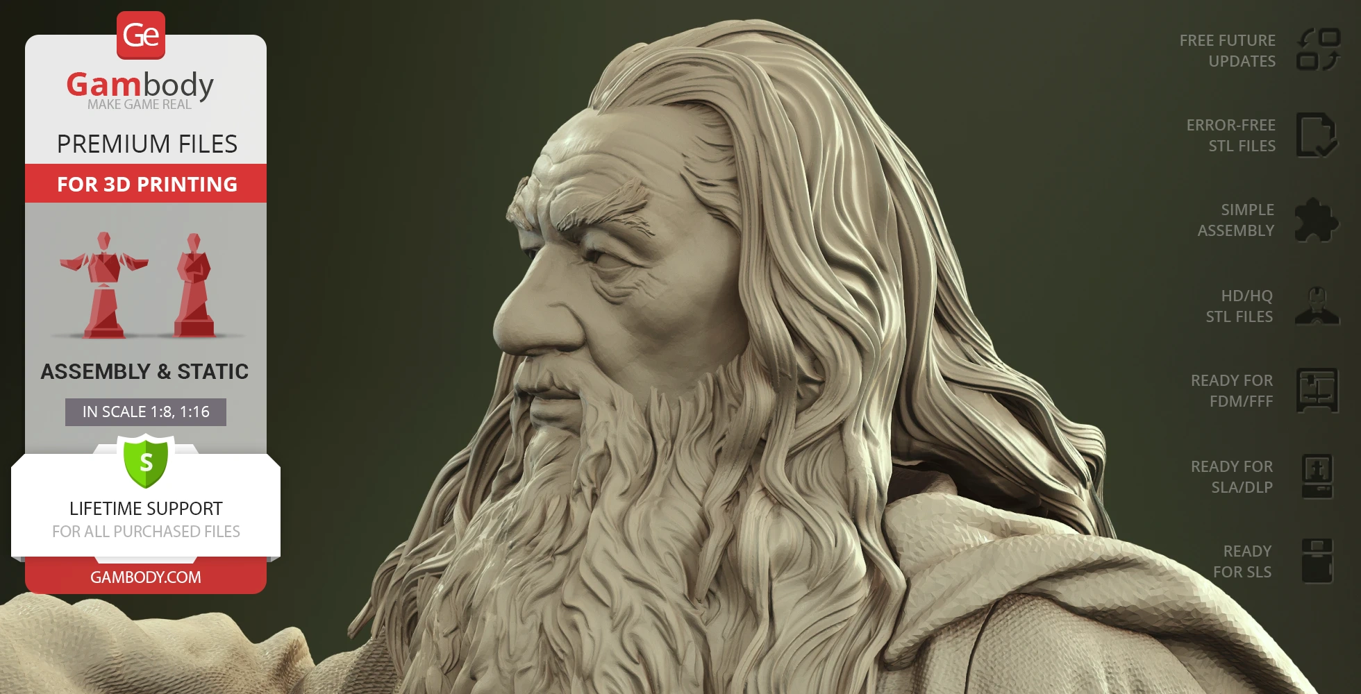 3D model of a wizard with long hair and beard, detailed texture, designed for 3D printing.