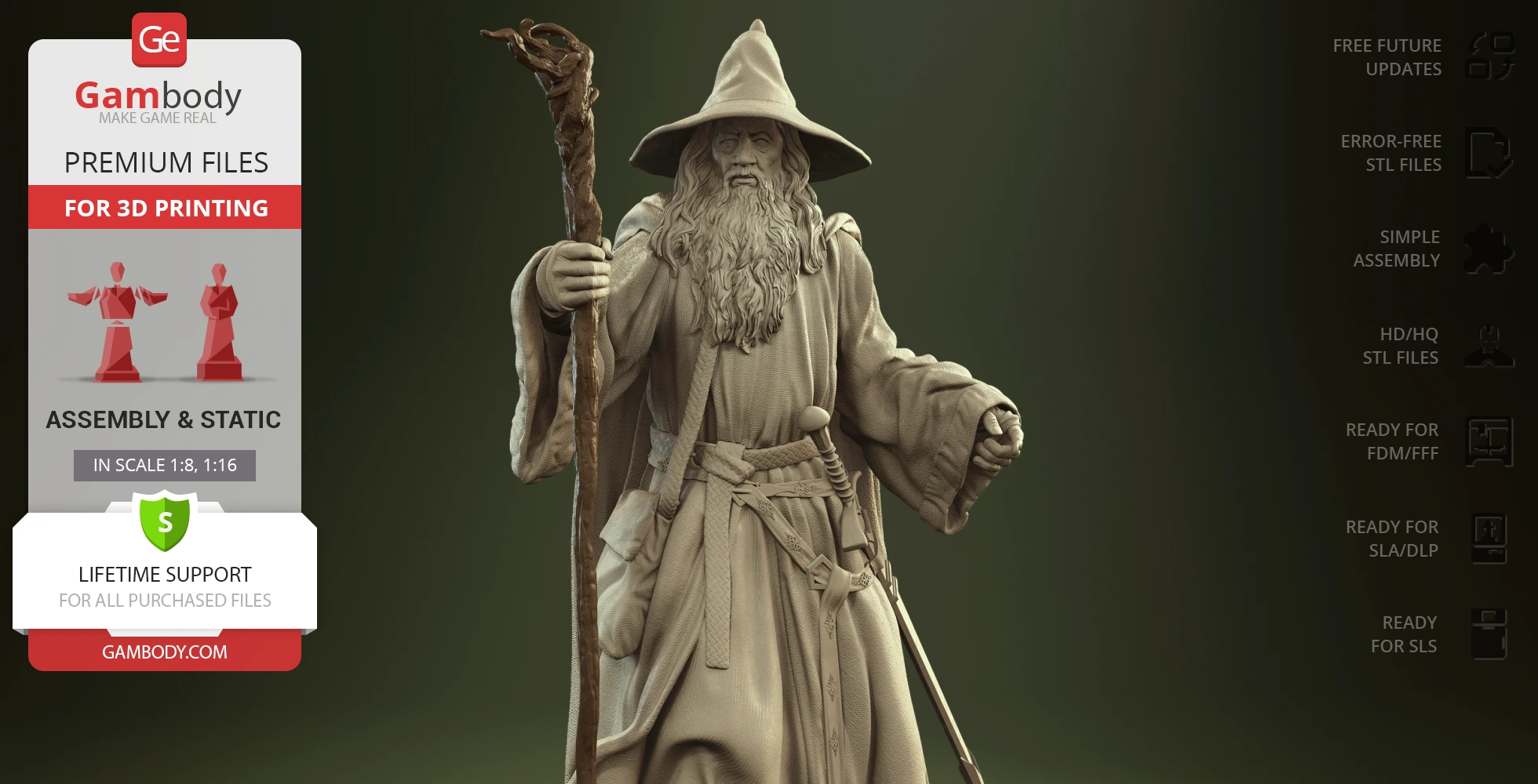 A detailed 3D model of a wizard with long beard and staff, wearing a robe and pointed hat.
