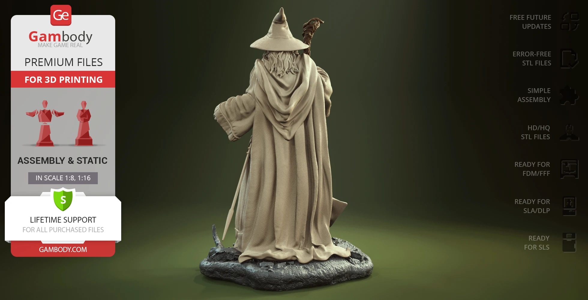A robed figure holding a staff, wearing a wide-brimmed hat, stands on a rocky base, viewed from the back.