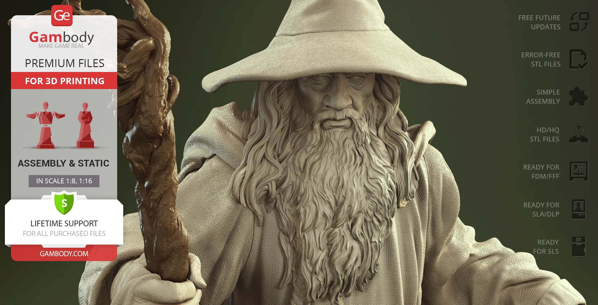 Detailed 3D model of a wizard with staff, featuring textured robes and hat, ready for 3D printing.