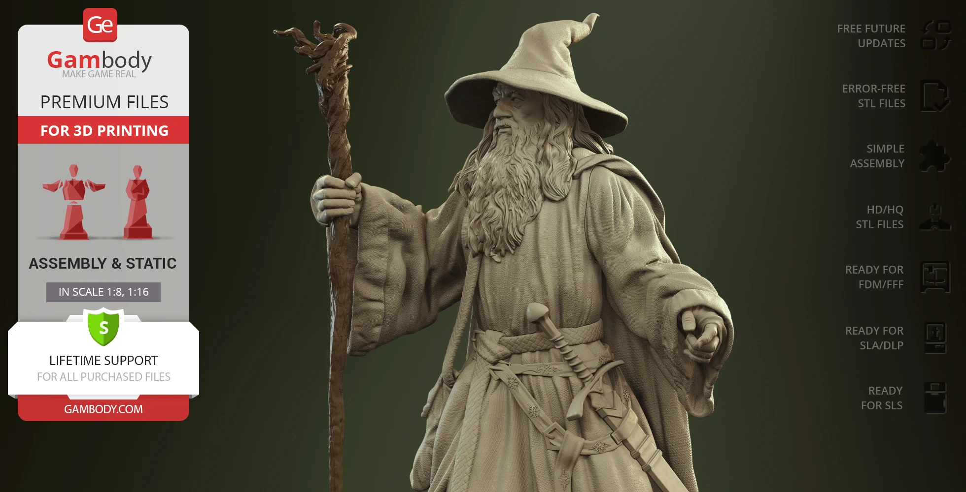 A detailed 3D model of a wizard with a beard, holding a staff and wearing a hat and robe, ready for 3D printing.