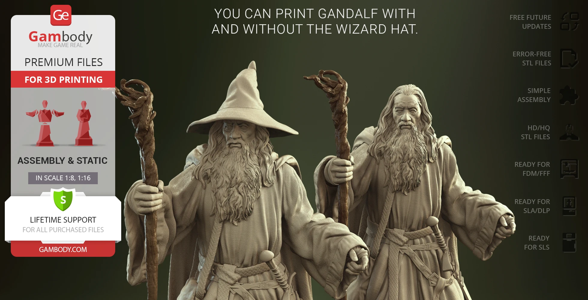 3D model files of a wizard with and without a hat, available for printing in detail.