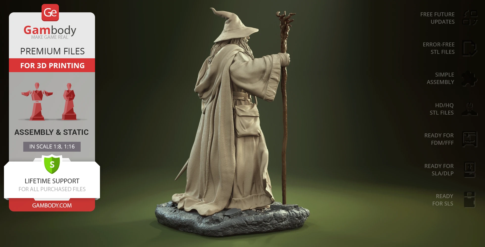 A detailed 3D model of a wizard with a staff, wearing a cloak and hat, standing on a textured base.