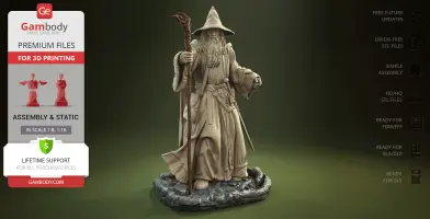 A detailed 3D model of a wizard in robes with a staff, standing on a textured base, ready for printing.