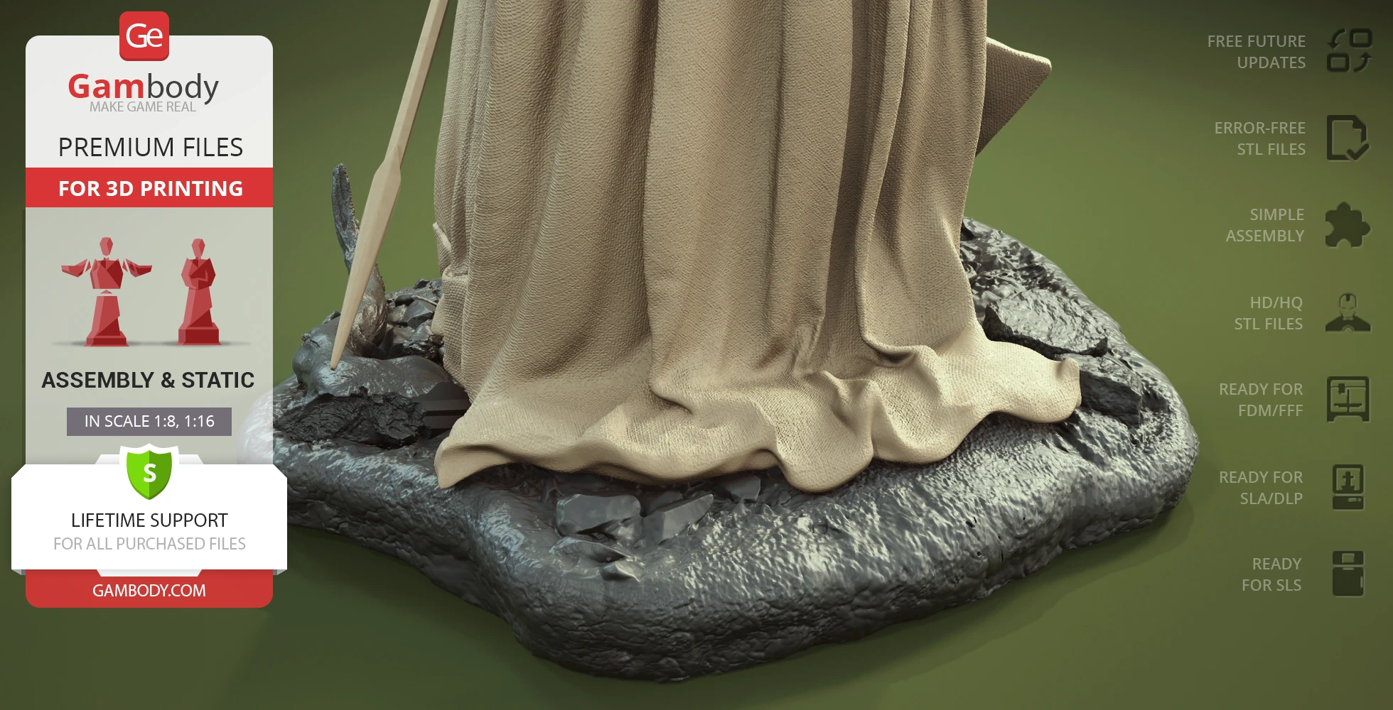 The image shows a detailed base for a Gandalf the Grey 3D print model, with rocky terrain and fabric folds.