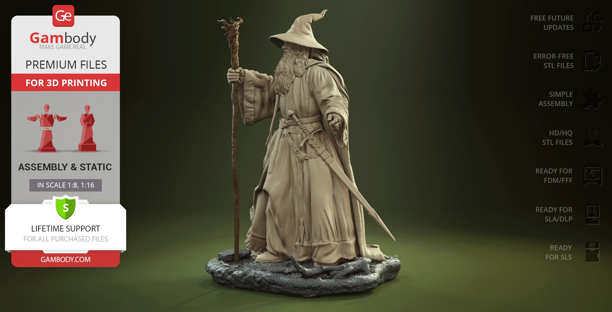 A bearded wizard figure with a staff and sword, wearing a robe and wide-brimmed hat, on a rocky base.