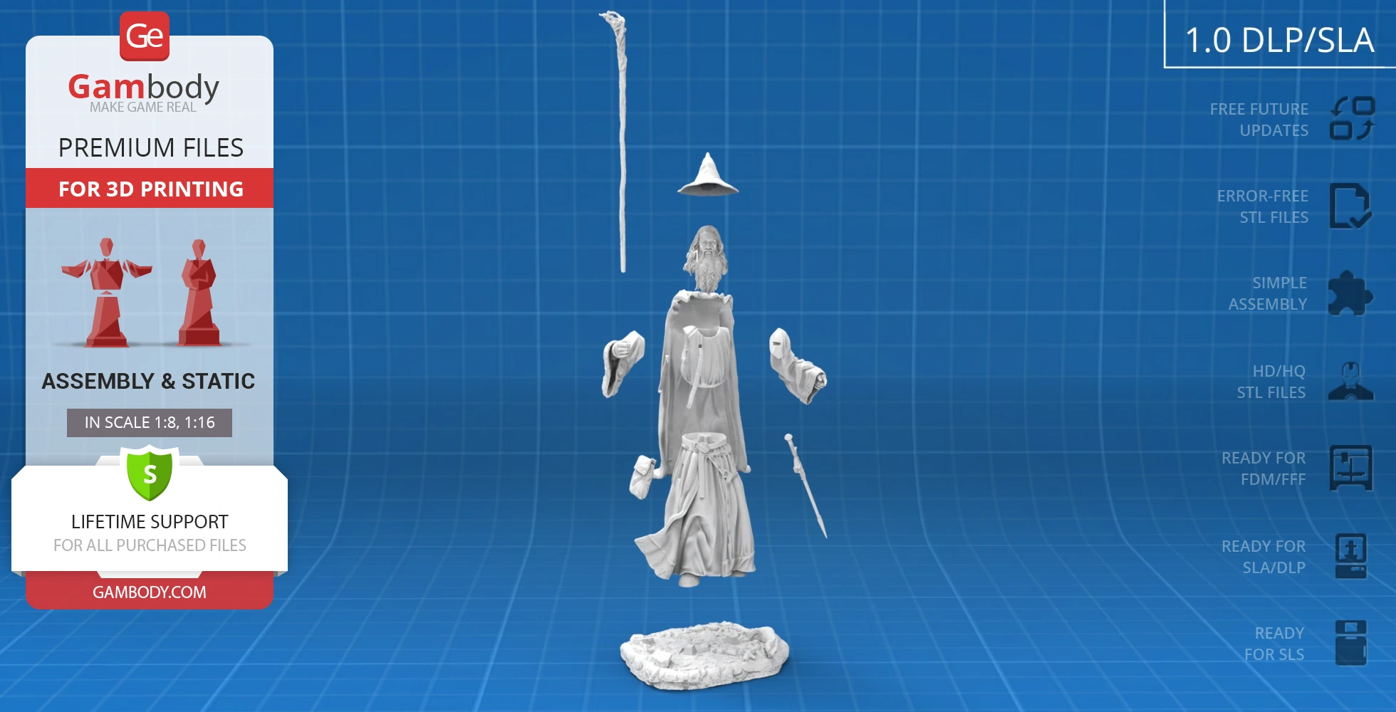 Exploded 3D model parts of a wizard with staff and hat, on a blue grid background, ready for assembly.