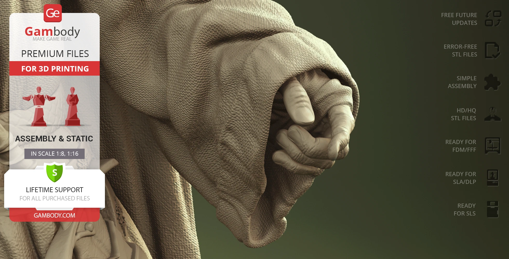 Close-up of a detailed 3D model of a hand in a textured sleeve, ready for 3D printing.
