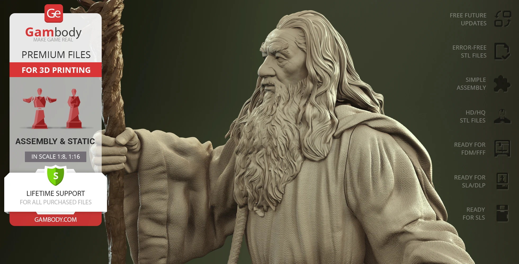 3D model of a wizard holding a staff, detailed robe and beard, ready for 3D printing.
