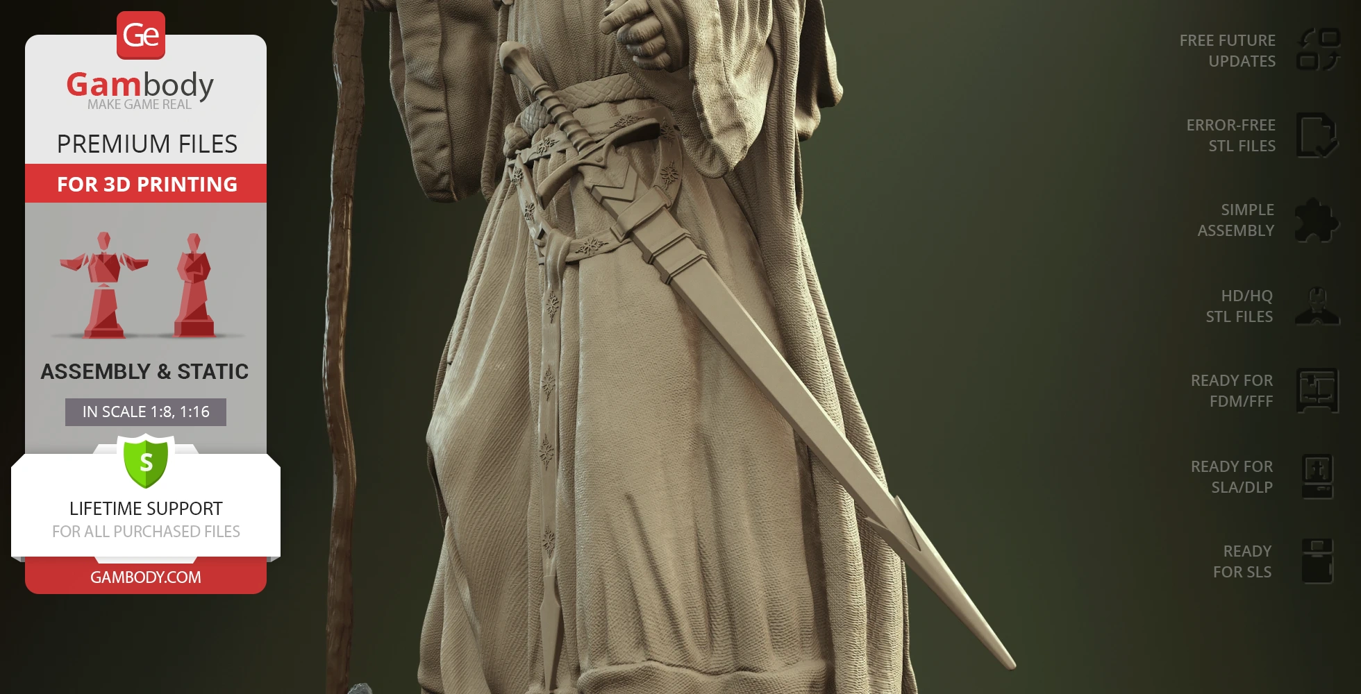 Detailed 3D model of a wizard with staff and sword, ready for printing, featuring intricate robe details.