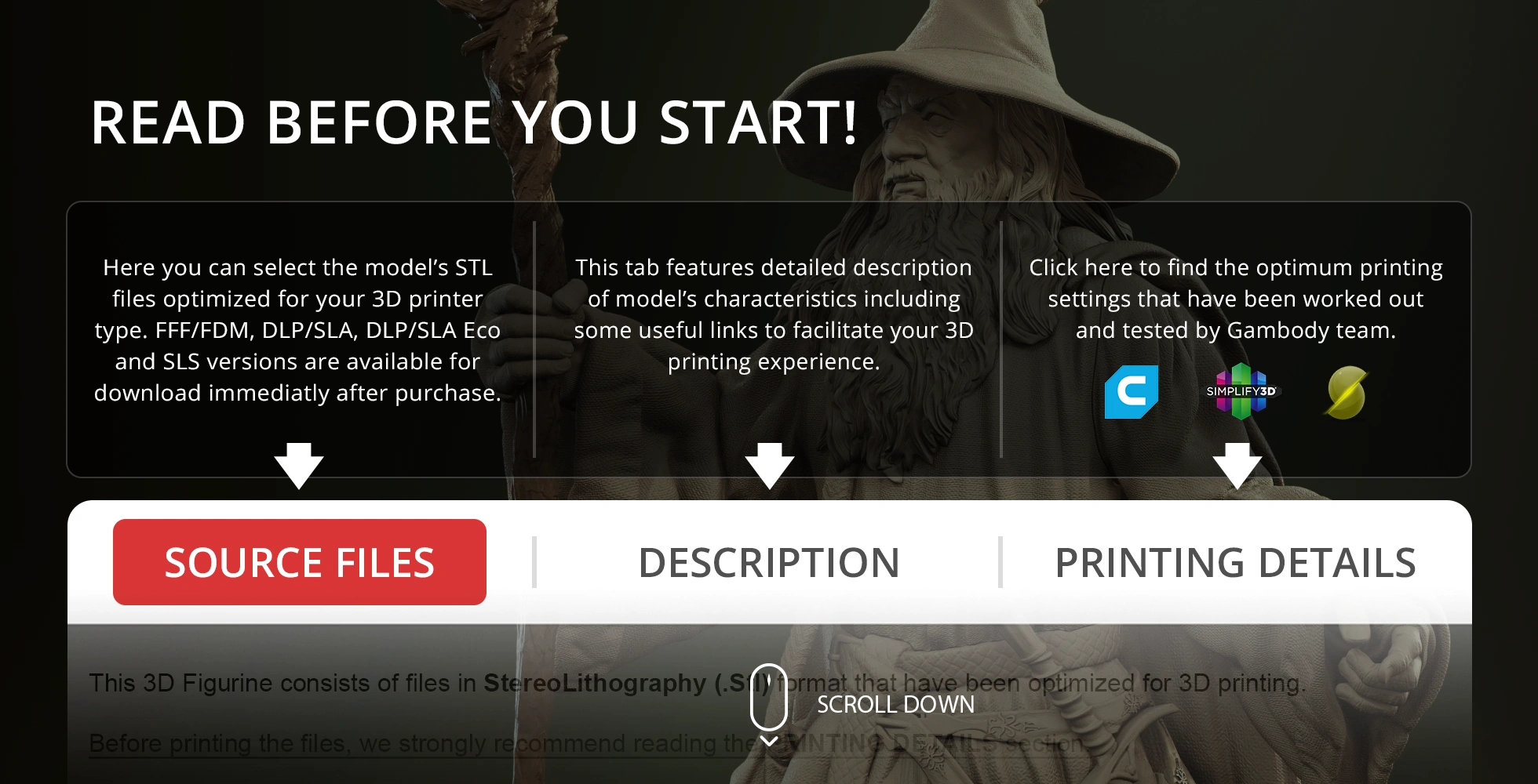 3D print of Gandalf the Grey from LOTR with instructions for sourcing, description, and printing details.