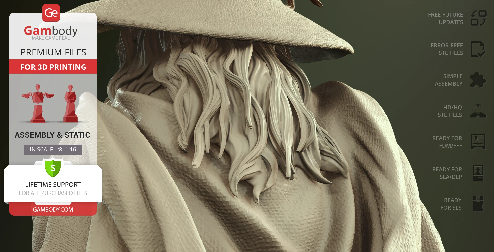 Close-up of a 3D printed Gandalf model's back, showcasing detailed hair and textured cloak.