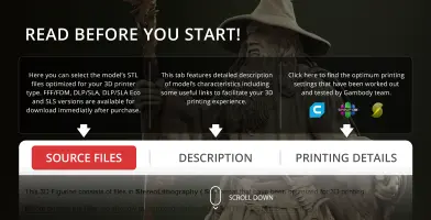 3D print of Gandalf the Grey from LOTR with instructions for sourcing, description, and printing details.