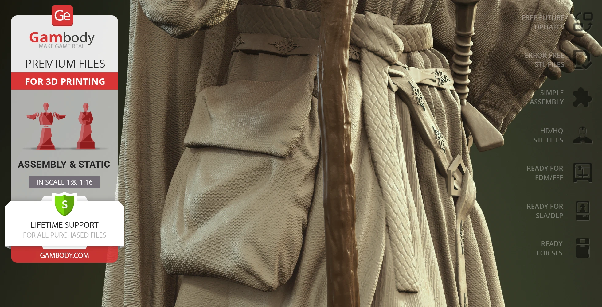 A detailed 3D model of a wizard's robe and staff, ready for printing, with a focus on textures and accessories.