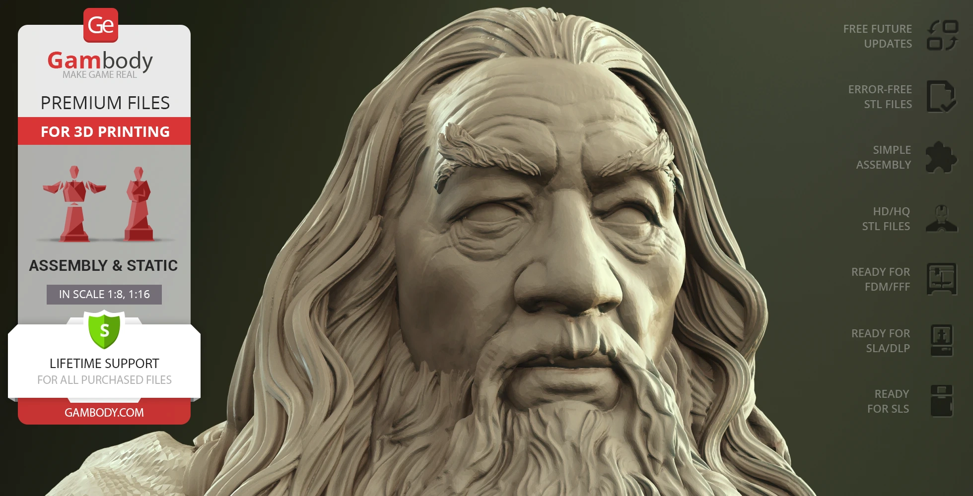 3D model of an older man with long hair and beard, for 3D printing, shown on a product page.