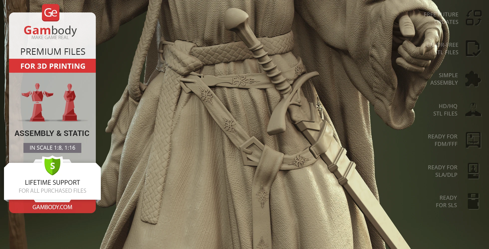 3D model of a robed figure with a detailed belt and sword, designed for printing, shown up close.