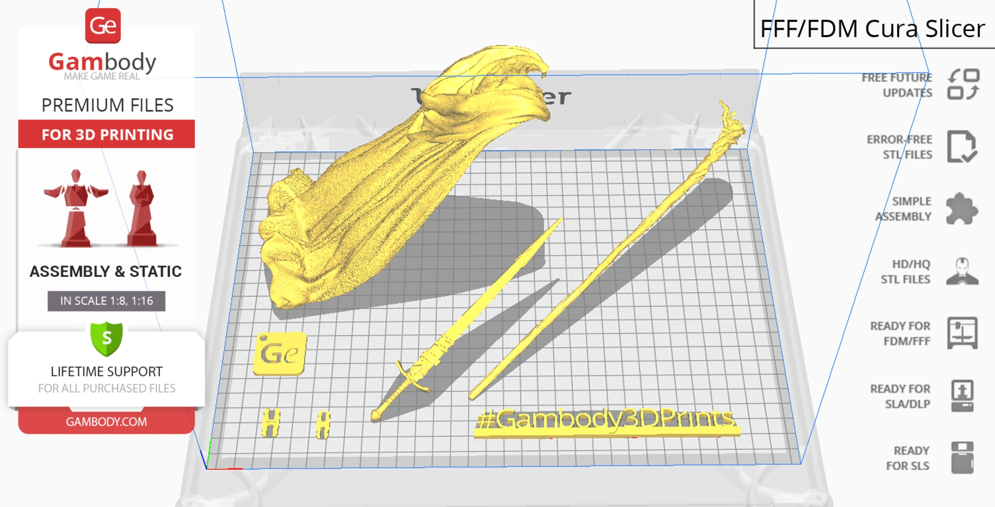 3D printable parts for Gandalf from LOTR, including a cape, staff, and sword, displayed in a slicer.