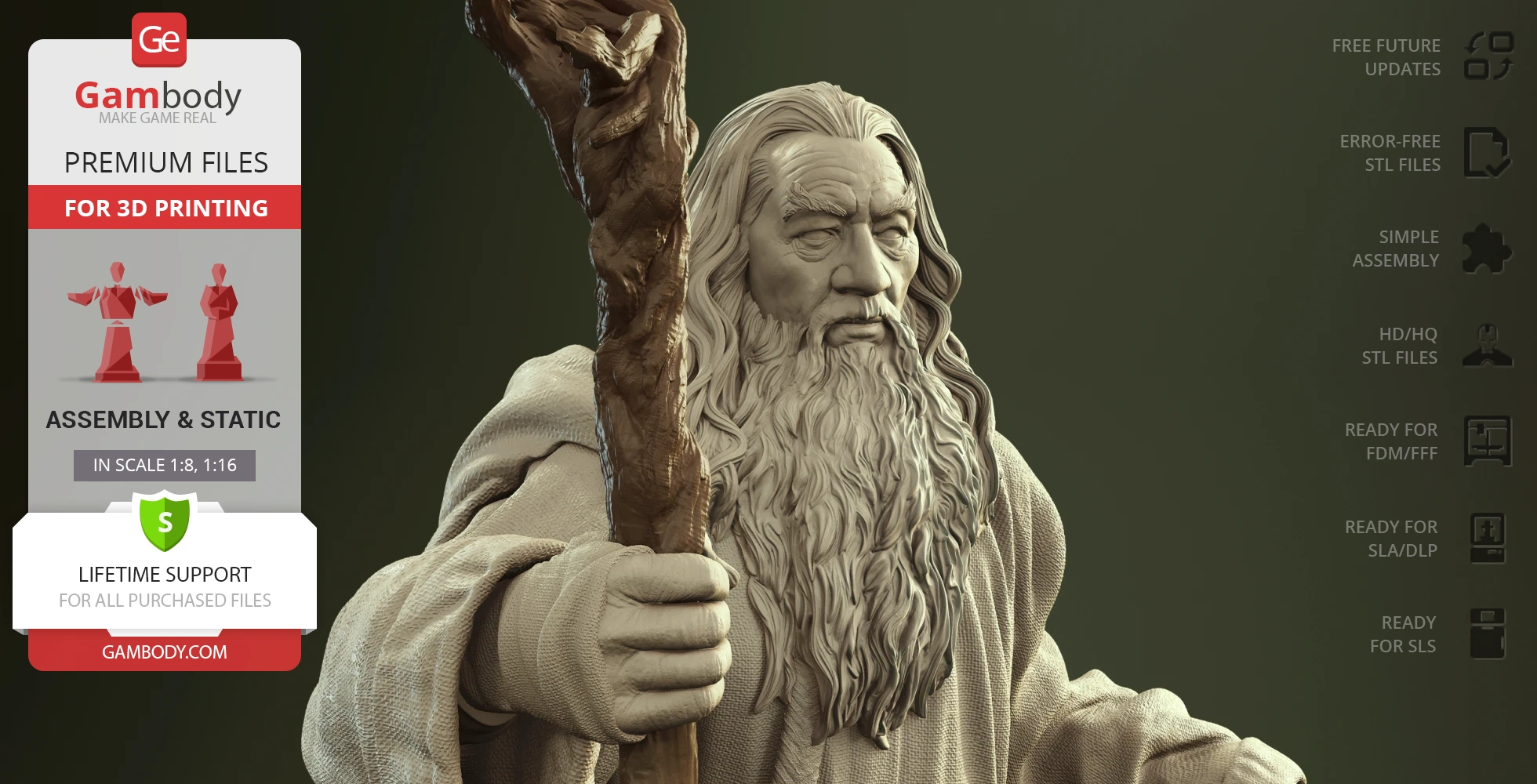 A detailed 3D model of an elderly wizard holding a staff, designed for 3D printing by Gambody.