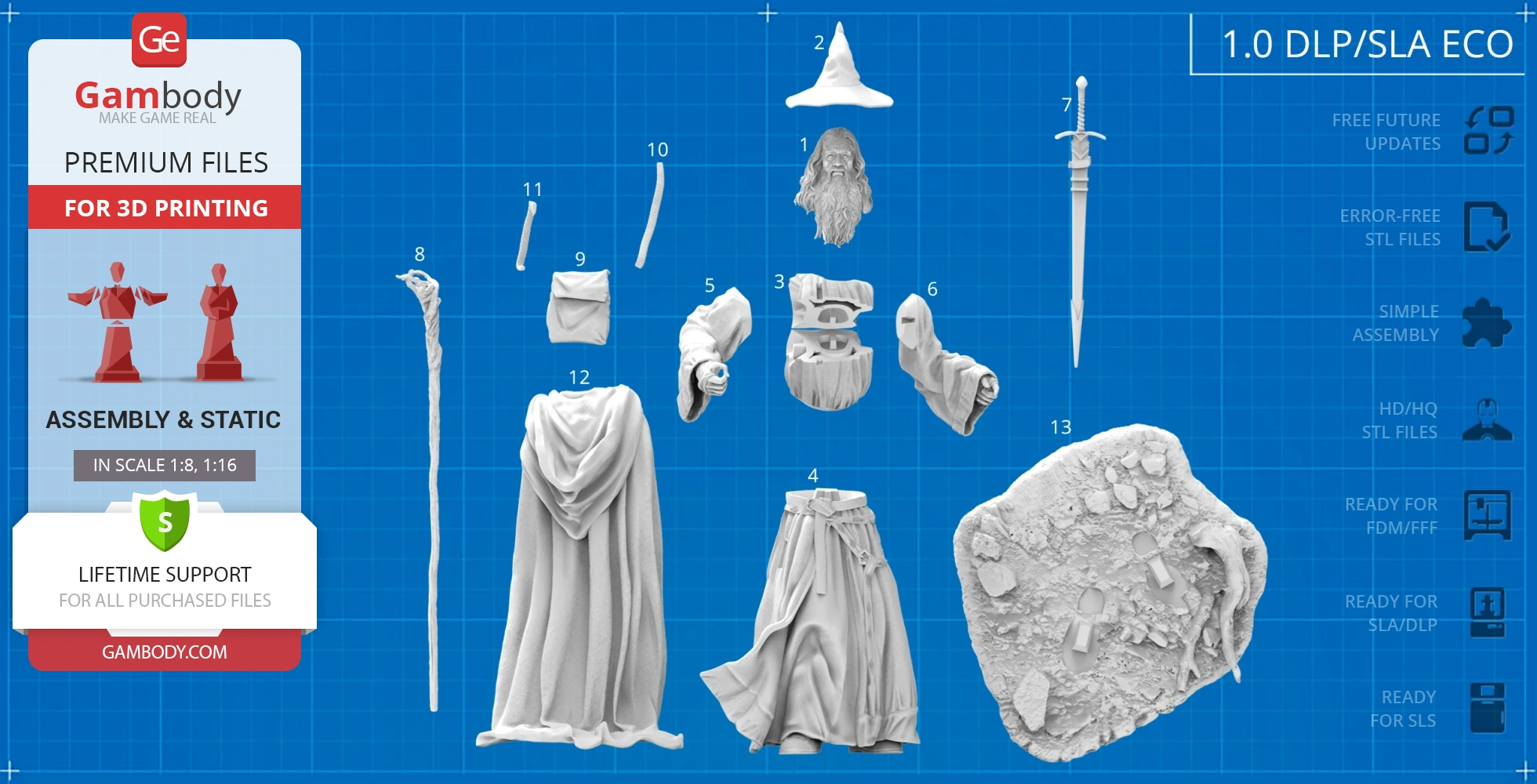 3D printable files showing parts to assemble Gandalf the Grey, including head, hat, staff, and robes.