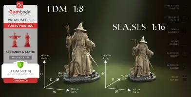 3D model of a bearded wizard with a staff, wearing a hat and robe, designed for 3D printing.