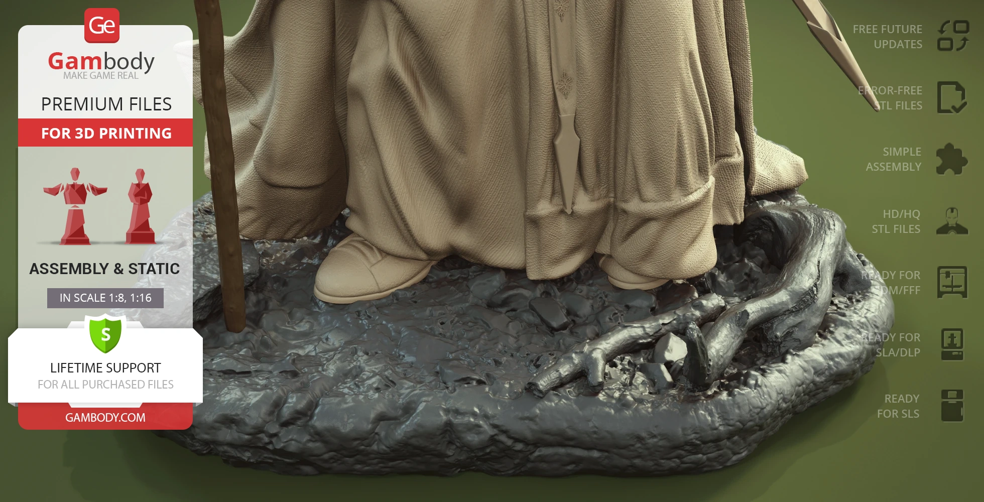 A 3D-printed model of Gandalf's detailed robes and staff on a rocky base.
