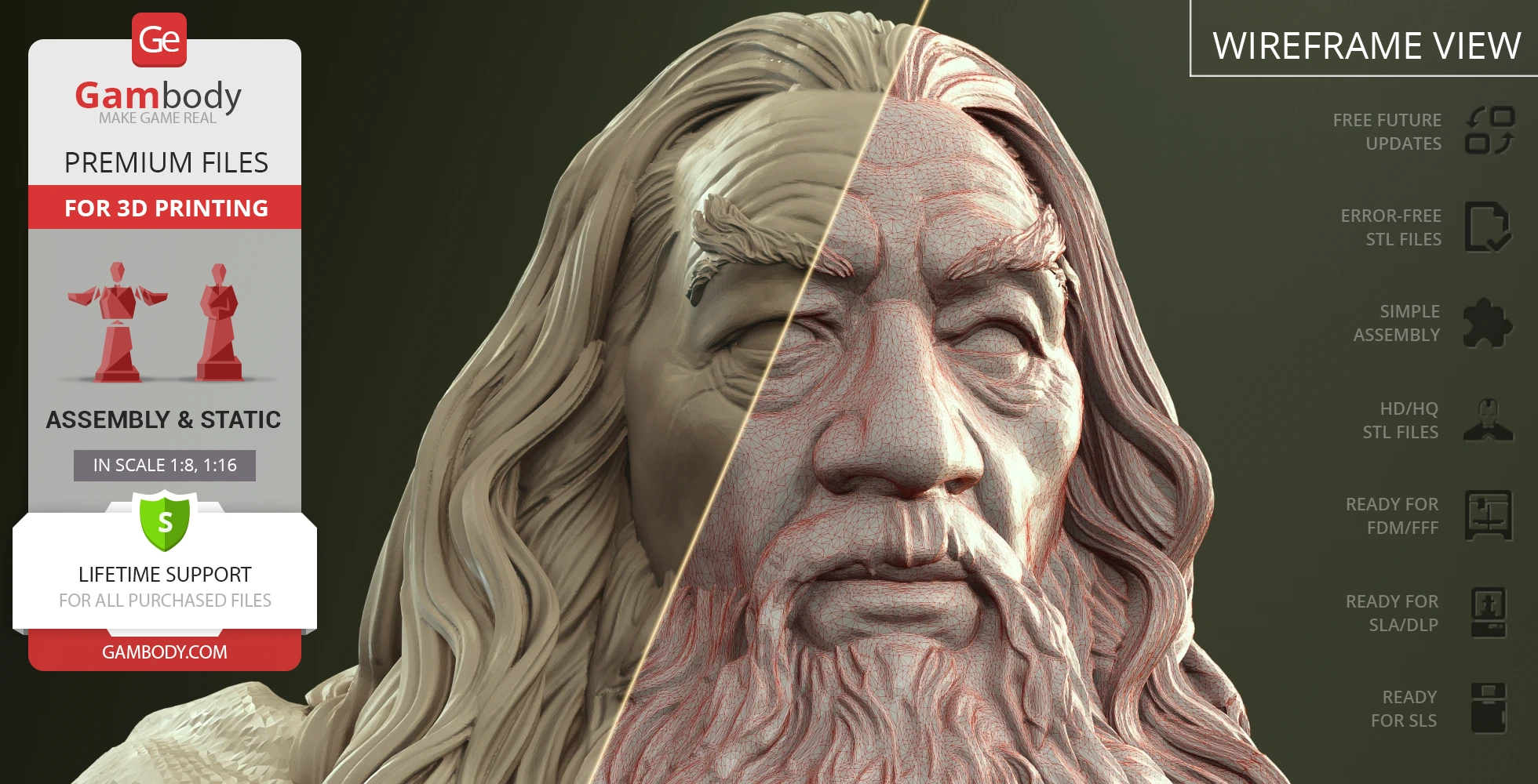 3D model of a bearded man's face with long hair, shown in detailed and wireframe views.