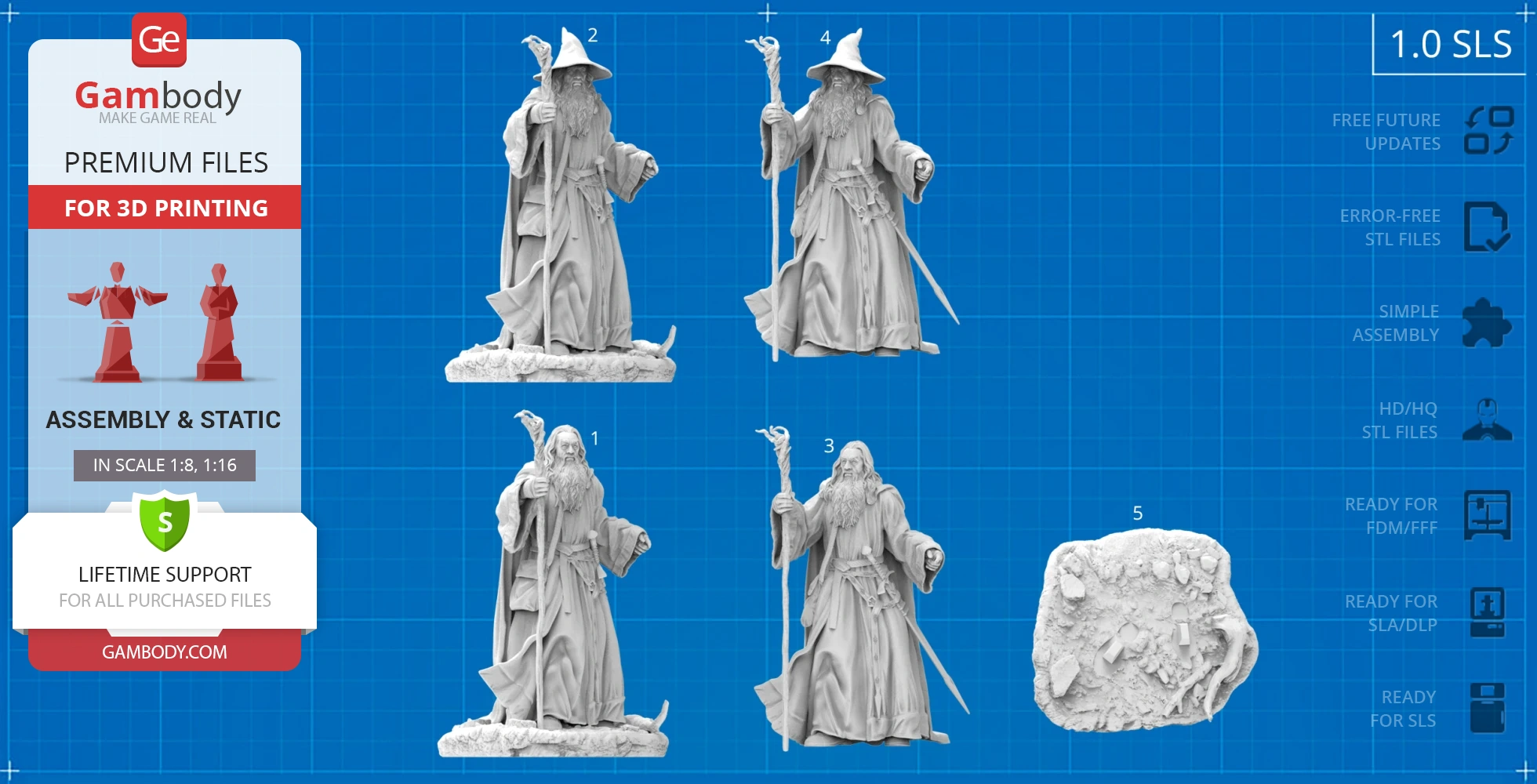 3D printable Gandalf the Grey model with staff and detailed robes; includes a textured base.