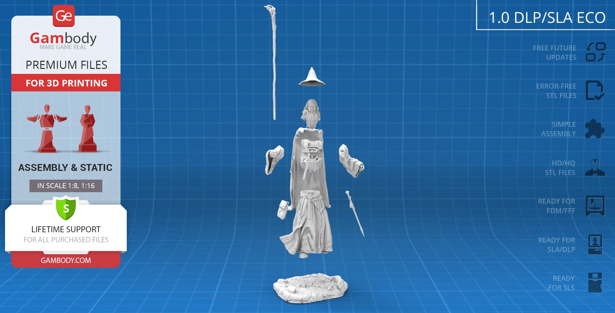 Exploded view of a 3D printable Gandalf model from LOTR, showing separated parts for assembly.