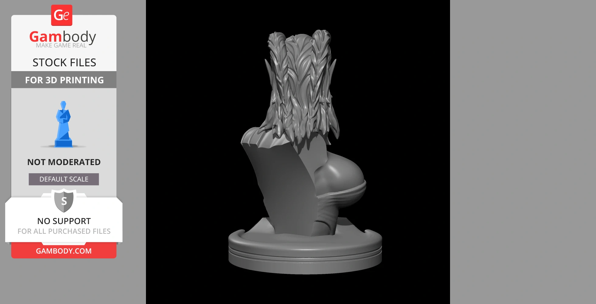 3D model of a character bust with detailed hair on a round base, viewed from the back.