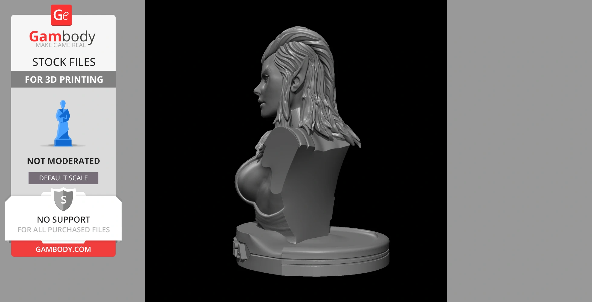 3D printed bust of Pumyra from Thundercats, side view, with detailed hair and pointed ears.