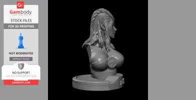 A 3D bust of a female character with detailed hair and attire, displayed from a side view on a base.