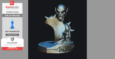 A 3D bust of a muscular, armored character with pointed ears and spikes, mounted on a base labeled 'Panthro.'