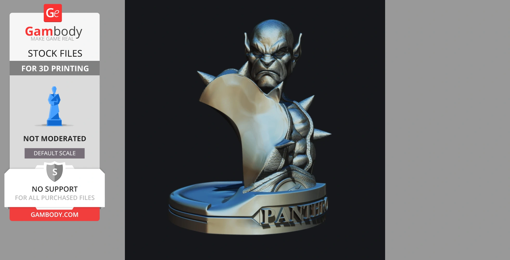 A 3D bust of a muscular, armored character with pointed ears and spikes, mounted on a base labeled 'Panthro.'