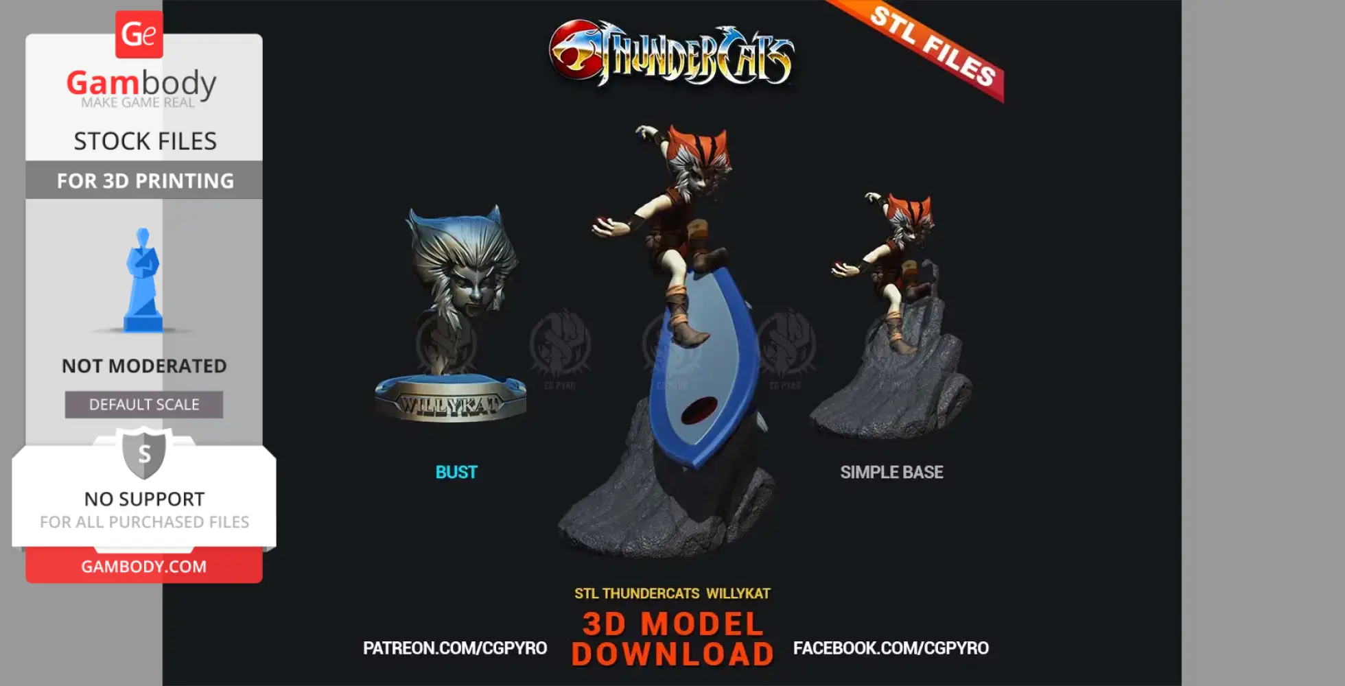 3D model of WilyKat from Thundercats in action pose and bust format, shown on varied bases.