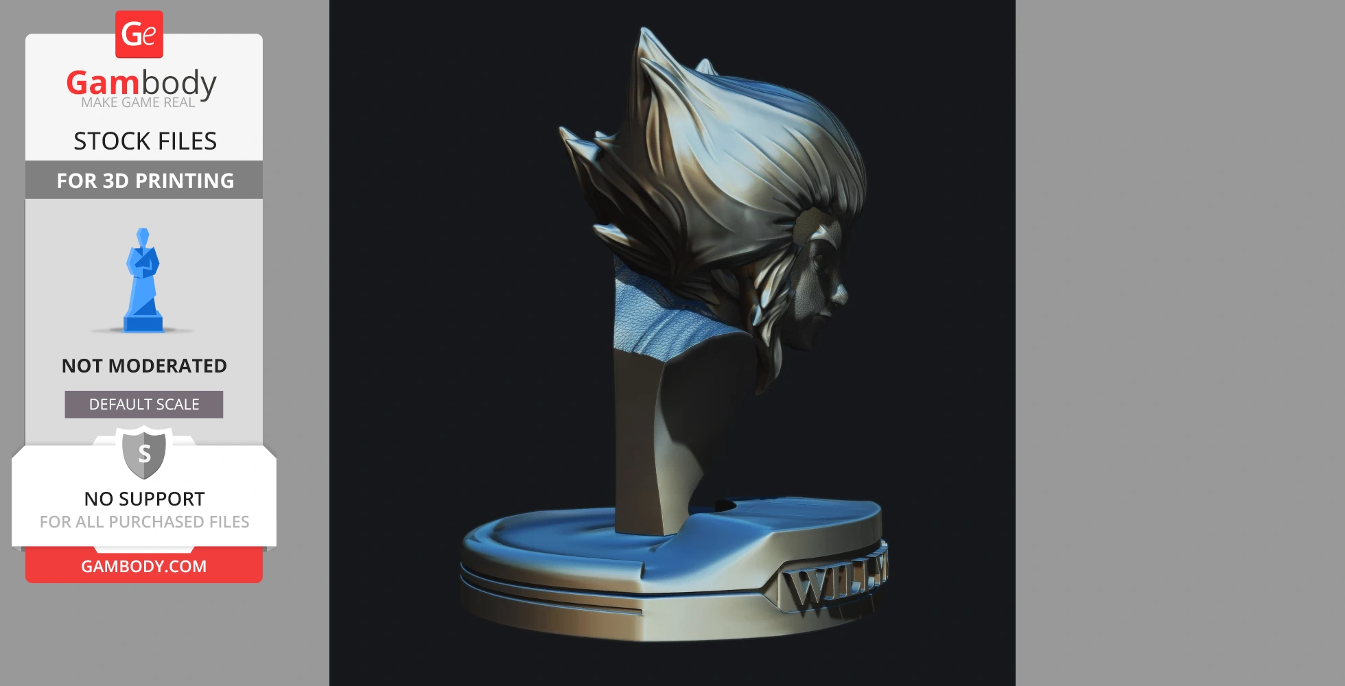 A side view of a detailed bust of WilyKat from ThunderCats, set on a round base with stylized hair.