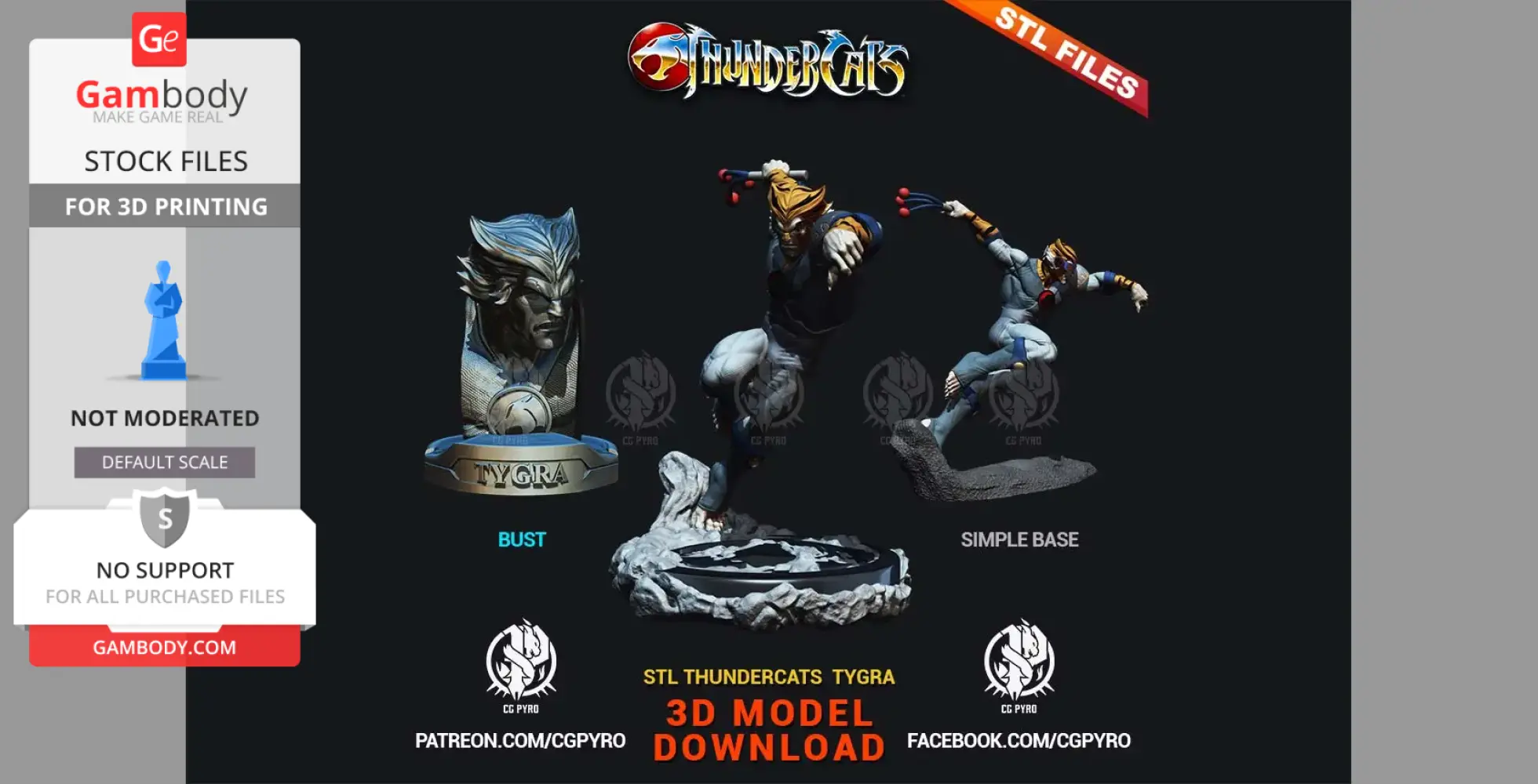 3D models of Tygra from Thundercats: bust and action pose on rocky bases, ready for 3D printing.