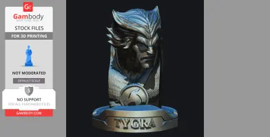 3D printed bust of a character with stylized hair and fierce expression, labeled 'TYGRA' on the base.