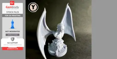 A vampire bust with large wings on a detailed base adorned with skulls and creatures, designed for 3D printing.
