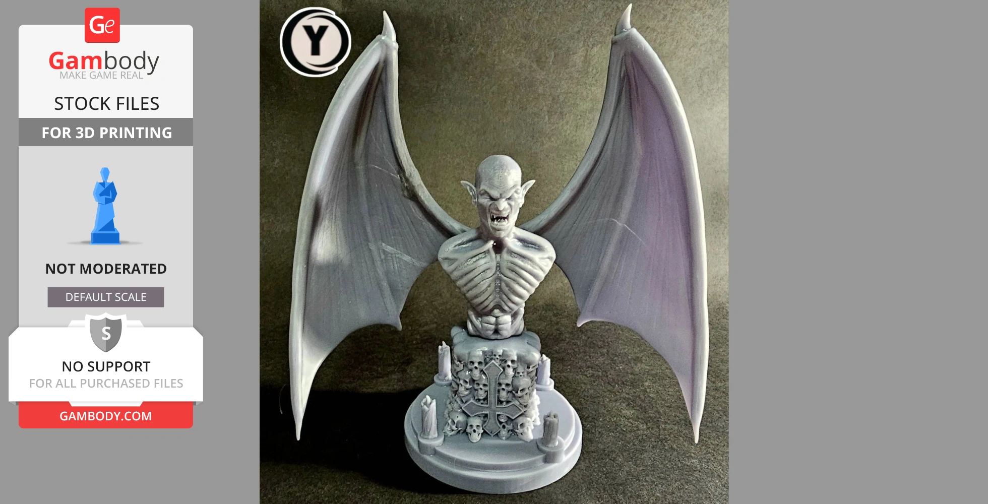 Vampire bust with large wings and fangs on a base decorated with skulls and candles.