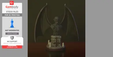 Vampire bust with large wings, perched on a skull-decorated base with candles, designed for 3D printing.