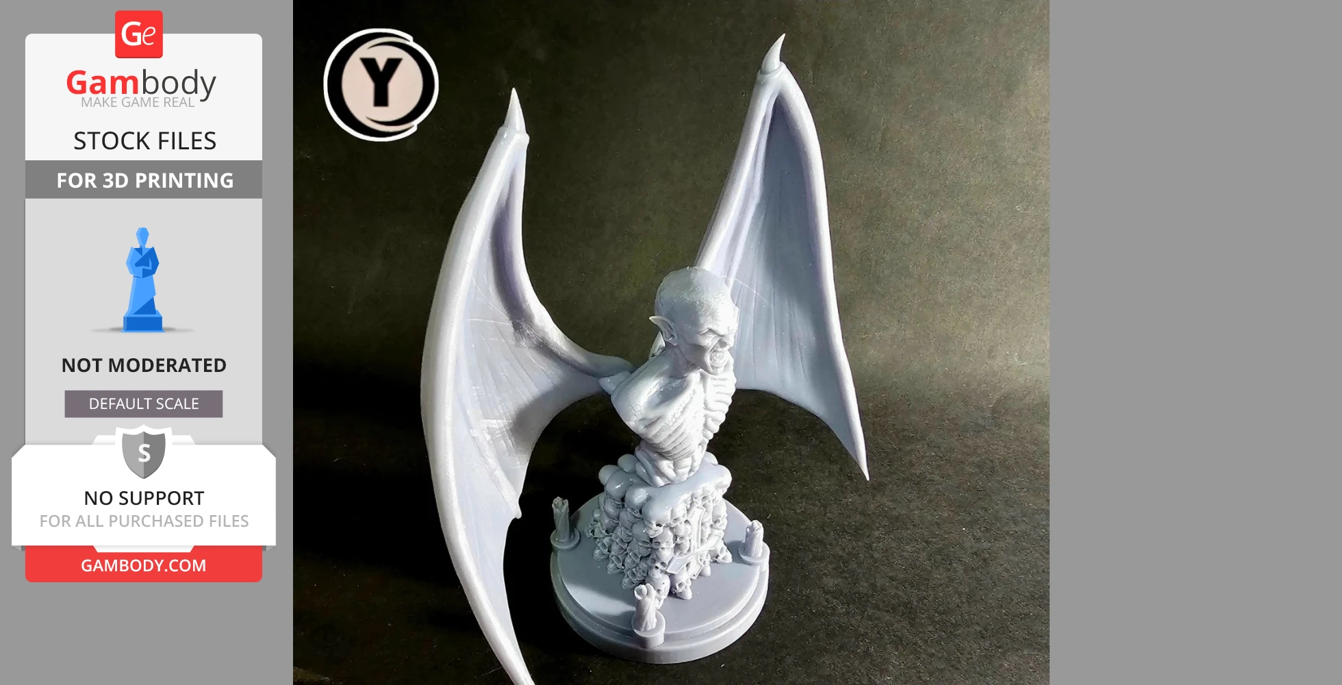 A vampire bust with large wings on a detailed base adorned with skulls and creatures, designed for 3D printing.